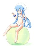  ball barefoot bikini blue_eyes blue_hair bracelet exercise_ball flat_chest full_body groin hat hinokara_(backfire02) ikamusume jewelry long_hair navel shinryaku!_ikamusume side-tie_bikini simple_background sitting solo swimsuit tentacle_hair white_background 