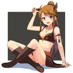  :d ahoge animal_ears arm_at_side arm_up armlet armpits bare_shoulders bikini bikini_top black_background black_footwear blue_eyes blush boots border bracelet breasts brown_bikini brown_footwear brown_hair brown_skirt cleavage collarbone crossed_legs dog_ears full_body gem glint gradient_hair hair_ornament hair_scrunchie highres idolmaster idolmaster_million_live! indian_style jewelry kemonomimi_mode knee_boots looking_at_viewer medium_breasts multicolored_hair nanotsuki necklace open_mouth pendant ponytail purple_hair scrunchie sidelocks simple_background sitting skirt smile solo spread_legs strap_gap striped swimsuit tassel thighs tokoro_megumi vertical_stripes white_border 