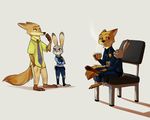  2016 anthro barefoot canine chair claws clothing coffee_cup crossed_arms crossed_legs digital_media_(artwork) dipstick_tail disney duo female fox fur judy_hopps lagomorph looking_back male mammal multicolored_tail multiple_positions nick_wilde pawpads police_uniform rabbit raiilynezz simple_background smile toe_claws uniform zootopia 