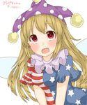  american_flag_dress bangs blonde_hair blush breasts clownpiece egret fairy_wings fang frilled_shirt_collar frills hat highres jester_cap long_hair medium_breasts neck_ruff open_mouth polka_dot red_eyes shirt short_sleeves simple_background solo star striped touhou upper_body v_arms very_long_hair wings 