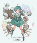  blue_eyes blue_footwear blue_hair boots commentary hat hillly_(maiwetea) kantai_collection kawashiro_nitori long_sleeves looking_at_viewer mechanical_arms open_mouth rubber_boots shirt skirt smile solo touhou twintails yukkuri_shiteitte_ne 