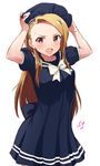  blush brown_eyes brown_hair hat idolmaster idolmaster_(classic) long_hair minase_iori open_mouth school_uniform shift_(waage) solo 