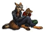  2016 anthro black_eyes black_fur blue_sclera brown_body brown_fur canine clothed clothing duo eye_contact fox fur grey_fox grey_fur jacket kenket leather leather_jacket male mammal marten mustelid pants pawpads simple_background sitting sketch tay_(kenket) white_background white_fur 