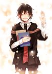  ^_^ ansatsu_kyoushitsu bad_id bad_pixiv_id black_neckwear black_pants blurry blush book closed_eyes collared_shirt cowboy_shot glowing holding holding_book koro-sensei light_particles long_sleeves male_focus necktie open_mouth pants red_(girllove) shirt smile solo spoilers white_background white_shirt 