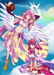  :o angel_wings bare_shoulders blue_eyes book boots bow bowtie breasts bridal_gauntlets cleavage cloud crop_top dress feathered_wings flower flying gloves gradient_hair hair_flower hair_ornament halo jibril_(no_game_no_life) large_breasts light_smile long_hair low_wings magic_circle midriff mismatched_legwear multicolored multicolored_eyes multicolored_hair multiple_girls navel no_game_no_life orange_eyes pink_hair purple_eyes red_hair short_hair sideboob sitting skirt stephanie_dora strongwang_qq tattoo thighhighs very_long_hair white_wings wing_ears wings 