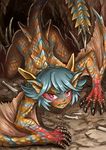  all_fours blue_hair claws clenched_teeth crawling dark_skin glaring looking_at_viewer maxa' monster_girl monster_hunter personification red_eyes scales short_hair solo tail teeth tigrex veins wings 