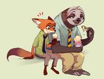  2016 amber_eyes anthro barefoot canine claws dessert digital_media_(artwork) dipstick_tail disney duo flash_(zootopia) food fox fur gloves_(marking) green_eyes hannahcmeyer ice_cream male mammal markings multicolored_tail necktie nick_wilde simple_background sloth smile toe_claws zootopia 