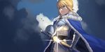  absurdres ahoge armor armored_dress artoria_pendragon_(all) avalon_(fate/stay_night) bird blonde_hair blue_cape breastplate cape cloud excalibur fate/grand_order fate/stay_night fate_(series) fork_(357022) fur-trimmed_cape fur_trim green_eyes highres saber solo type-moon 