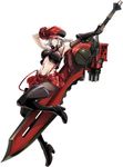  alisa_ilinichina_amiella arm_behind_head armpits arms_up black_footwear black_gloves black_legwear boots breasts cabbie_hat elbow_gloves fingerless_gloves full_body gloves god_eater god_eater_burst hat huge_weapon large_breasts long_hair looking_at_viewer navel official_art pantyhose plaid simple_background skirt solo suspender_skirt suspenders sword thigh_boots thighhighs weapon white_background 