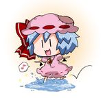  :3 :d barefoot bat_wings blue_hair bow brooch chibi commentary detached_wings dress eighth_note hat hat_bow jewelry mob_cap musical_note noai_nioshi open_mouth patch puddle puffy_short_sleeves puffy_sleeves red_bow remilia_scarlet short_hair short_sleeves smile solo sparkle spoken_musical_note touhou wings |_| 
