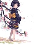  barefoot black_eyes black_hair blush braid branch cherry_blossoms highres japanese_clothes kimono original petals short_kimono single_braid solo tan_(tangent) 