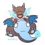  alasurth ambiguous_gender animated belly_rub blue_fire blush claws dragon low_res mega_charizard mega_charizard_x mega_evolution nintendo one_eye_closed open_mouth paws pok&eacute;mon red_eyes simple_background solo teeth tongue video_games white_background wings 