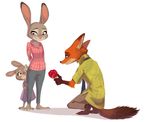  2016 anthro barefoot blush brown_eyes canine clothing crouching cub digital_media_(artwork) disney female food fox fur gloves_(marking) green_eyes group hands_behind_back hannahcmeyer inner_ear_fluff judy_hopps lagomorph looking_back male mammal markings nick_wilde popsicle purple_eyes rabbit simple_background smile white_background young zootopia 