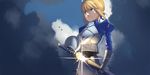  absurdres ahoge armor armored_dress artoria_pendragon_(all) avalon_(fate/stay_night) bird blonde_hair breastplate cape cloud excalibur fate/grand_order fate/stay_night fate_(series) fork_(357022) green_eyes highres saber solo type-moon 