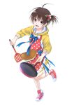  apron bad_id bad_pixiv_id brown_eyes brown_hair flipping_food food frying_pan highres morinaga_(brand) original pancake short_hair solo spatula taka_(tsmix) 