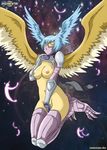  avian blue_eyes blush breasts clothing covering digihentai digimon feathers female harpy humanoid navel nipples nude one_eye_closed palcomix solo wings wink zephyrmon 