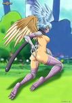  avian bbmbbf blue_eyes blue_hair breasts butt digihentai digimon feathers female hair harpy humanoid looking_at_viewer nipples nude palcomix pussy_juice side_boob solo wings zephyrmon 