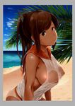  alternate_breast_size beach border breasts brown_eyes brown_hair covered_nipples day grey_border i-401_(kantai_collection) kantai_collection large_breasts long_hair looking_at_viewer nipples outdoors palm_tree plant ponytail sand see-through shore solo tan tanline tree upper_body wa_(genryusui) water 