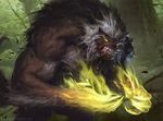  canine claws fangs forest glowing glowing_eyes magic magic_the_gathering mammal muscular slawomir_maniak tree were werewolf 