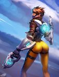  ass bodysuit bomber_jacket brown_hair dual_wielding earrings evulchibi gloves goggles gun handgun holding jacket jewelry light_smile looking_at_viewer looking_back orange_bodysuit overwatch pistol short_hair signature skin_tight solo thighs tracer_(overwatch) union_jack weapon 