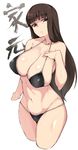  bikini black_bikini blush breasts brown_eyes brown_hair collarbone covered_nipples cropped_legs girls_und_panzer kamaboko_(ossann0125) large_breasts long_hair mature navel nishizumi_shiho simple_background solo swimsuit white_background 