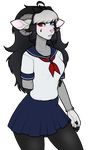  2016 5_fingers alpha_channel anthro black_hair blue_eyes blush breasts caprine clothed clothing female fur grey_fur hair hand_behind_back heterochromia horn long_hair mammal pink_nose porin red_eyes school_uniform sheep skirt solo standing uniform white_hair 