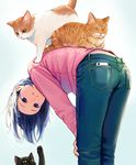  ass bent_over black_eyes black_hair cat cellphone character_request denim hands_on_own_knees highres jeans long_sleeves looking_back lying nashigaya_koyomi on_back pants parted_lips phone 