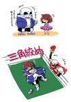  2boys 2koma androgynous anger_vein armor ballet_slippers brown_hair cheering closed_eyes comic frisk_(undertale) gloves hand_in_pocket hood hoodie laughing macotea monster_boy multiple_boys papyrus_(undertale) pointing sans scarf shirt shorts simple_background skeleton slippers socks striped striped_shirt submission_hold tap_out tearing_up translated tutu undertale white_background wrestling wrestling_ring 