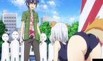  1boy 1girl all_fours ass blue_hair brown_eyes building cloud cosplay date_a_live day dog_ears dog_tail extra_ears fake_animal_ears fake_tail itsuka_shidou one-piece_swimsuit onlookers outdoors public school_swimsuit screencap short_hair silver_hair sky stitched tobiichi_origami tree 