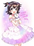  akagi_miria amezawa_koma bare_shoulders black_hair brown_eyes cowboy_shot dated dress gloves happy_birthday heart idolmaster idolmaster_cinderella_girls jewelry layered_dress looking_at_viewer necklace open_mouth pink_dress smile solo sparkle tiara two_side_up white_dress white_gloves 