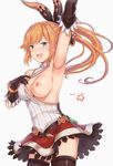  :d arm_up armpits black_gloves black_legwear blush breasts cai_geng clarisse_(granblue_fantasy) gloves granblue_fantasy green_eyes hair_ribbon highres large_breasts long_hair nipples open_mouth orange_hair ponytail ribbon simple_background skirt smile solo star thighhighs zettai_ryouiki 