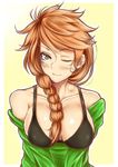  ;) bare_shoulders bikini bikini_top black_bikini blue_eyes border braid breasts cleavage closed_mouth collarbone covered_nipples gankami hair_over_shoulder head_tilt large_breasts leah_(stardew_valley) looking_at_viewer messy_hair off-shoulder_sweater one_eye_closed orange_hair simple_background single_braid smile solo stardew_valley sweater swimsuit upper_body v_arms white_border yellow_background 