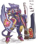 anthro armor axe cat claws feline female hair heterochromia japanese_text long_hair mammal melee_weapon ni_jikan signature simple_background solo text translated weapon white_background 