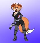  2_tails anthro bodysuit boots breasts brown_hair canine cleavage clothed clothing conjoined duo female footwear fox gun hair hand_on_hip handgun high_heels karisha_and_mena looking_at_viewer mammal michael345 multi_tail orange_eyes pistol ponytail purple_eyes ranged_weapon sibling sisters skinsuit smile smirk tight_clothing twins weapon 