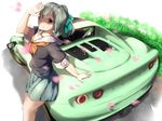  aqua_hair bangs black_serafuku blunt_bangs blush bow bush car cherry_blossoms closed_mouth collar covering_eyes eyebrows eyebrows_visible_through_hair glass green_bow green_skirt ground_vehicle hair_bow highres kantai_collection leaning_back lips long_hair looking_at_viewer lotus_cars lotus_elise motion_blur motor_vehicle neckerchief orange_(sal1014) outdoors petals plant pleated_skirt ponytail red_eyes school_uniform serafuku shadow simple_background skirt smile solo standing sunlight transparent white_background window yuubari_(kantai_collection) 