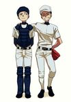  ammonio arm_around_shoulder arm_behind_back baseball_cap baseball_mitt baseball_uniform black_hair chest_protector cleats closed_eyes hat looking_at_another male_focus multiple_boys original shin_guards simple_background smile sportswear umpire white_background 
