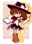  absurdres book boots bow brown_hair fang fedora glasses hat hat_bow highres open_mouth puyopuyo puyopuyo_fever red_eyes solo touhou usami_renko wasavi white_bow 