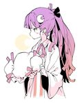  alternate_hairstyle blush crescent crescent_hair_ornament dress hair_ornament hat hat_removed headwear_removed long_hair long_sleeves mob_cap morino_hon patchouli_knowledge ponytail profile purple_eyes purple_hair solo striped striped_dress touhou vertical_stripes wide_sleeves 