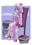  1girl blush book chair crescent crescent_pin cup dress highres hiyaya_(kochi_michikaze) holding holding_cup long_hair long_sleeves parted_lips patchouli_knowledge purple_eyes purple_hair shoes sitting solo touhou white_dress white_footwear wide_sleeves 