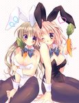  animal_ears between_breasts bow bowtie breasts brown_eyes brown_hair bunny_ears bunnysuit carrot cleavage detached_collar large_breasts long_hair multiple_girls one_eye_closed original pantyhose pink_hair short_hair wrist_cuffs zest_(lossol) 