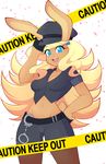  2016 anthro blonde_hair blue_eyes breasts brown_fur cleavage clothed clothing english_text female fur gloves hair handcuffs hat hi_res lagomorph legwear long_hair looking_at_viewer mammal midriff navel pink_nose rabbit senseidezzy shackles shirt shorts smile solo standing stockings text tongue 