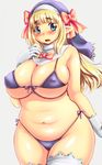  bikini blonde_hair blue_eyes blush bow breasts covered_nipples gloves habit hair_bow highres kokumotsu large_breasts long_hair micro_bikini navel nun original plump pointy_ears side-tie_bikini skindentation solo standing swimsuit thighhighs 