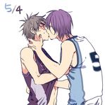  2boys hand_under_clothes kiss kiyoshi_teppei kuroko_no_basuke male_focus multiple_boys murasakibara_atsushi muscle shirt_lift sweat undressing wince yaoi 