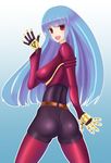  1girl ass belt blue_hair blush bodysuit breasts dura from_behind gloves king_of_fighters kula_diamond large_breasts long_hair looking_at_viewer open_mouth pants red_eyes shiny shiny_hair sideboob smile snk solo the_king_of_fighters tight_pants very_long_hair 
