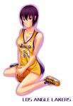  ball basketball basketball_uniform breasts brown_eyes cleavage full_body highres kobe_bryant los_angeles_lakers national_basketball_association original purple_eyes shoes short_hair sitting smile sneakers solo sportswear wariza 