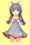  :d animal_ears blue_dress blue_hair blush bunny_ears collarbone cowboy_shot crescent dress ear_clip eyebrows eyebrows_visible_through_hair fang hair_ribbon heart highres legs_apart looking_at_viewer low_twintails open_mouth puffy_short_sleeves puffy_sleeves red_eyes red_ribbon ribbon seiran_(touhou) shiny shiny_skin shone short_dress short_sleeves simple_background smile solo star touhou twintails yellow_background 
