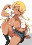  areolae arm_support bad_id bad_pixiv_id belt black_legwear blue_eyes blush bracelet breasts breasts_outside censored cleavage collarbone denim denim_skirt earrings food front-tie_top gyaru heart heart_censor highres idolmaster idolmaster_million_live! jewelry kneehighs kogal large_breasts licking looking_at_viewer nail_polish navel necklace nipples no_panties popsicle pubic_hair puffy_nipples pussy red_nails shinomiya_karen shiny shiny_skin shirt sitting skirt smile solo stomach suggestive_fluid tied_shirt tongue tongue_out upanishi 