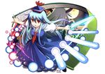  back-to-back blue_dress blue_hair commentary_request danmaku dated dress dual_persona ex-keine full_body full_moon hakoniwa_tsuka hat kamishirasawa_keine long_hair looking_at_viewer moon outstretched_arms puffy_short_sleeves puffy_sleeves red_eyes scroll short_sleeves sidelocks signature sword touhou weapon white_background 