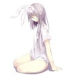  :o animal_ears arms_at_sides bare_legs blush bunny_ears from_side full_body gorilla_(bun0615) hair_over_eyes head_down hidden_eyes lens_flare long_hair no_pants open_mouth profile reisen_udongein_inaba shirt short_sleeves silver_hair simple_background sitting solo thighs touhou white_background white_shirt yokozuwari 