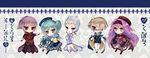  3boys absurdres alpha_(inazuma_eleven) aqua_eyes aqua_hair beta_(inazuma_eleven) blue_eyes boots chibi coccofyze cross-laced_footwear fleur_de_lis full_body gamma_(inazuma_eleven) gillis glasses gloves hairband heart highres inazuma_eleven_(series) inazuma_eleven_go inazuma_eleven_go_chrono_stone long_hair looking_at_viewer md5_mismatch meia multiple_boys multiple_girls necktie no_pupils one_eye_closed purple_eyes purple_hair rapier short_hair sword translation_request very_long_hair weapon 